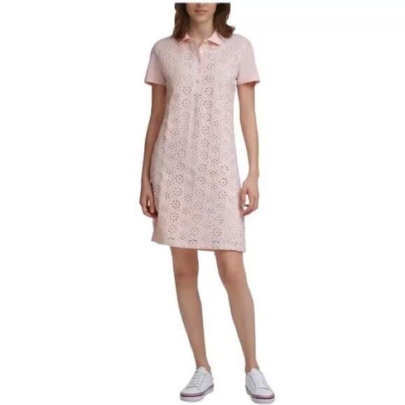 Tommy Hilfiger Golf dress Women Medium cotton pink eyelets Spring Summer NEW - Picture 1 of 8